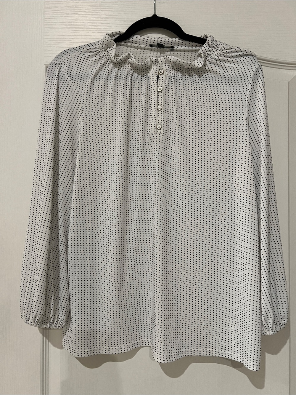Adrianna Papell White Blouse with Black Dot Print and Ruffle Neck